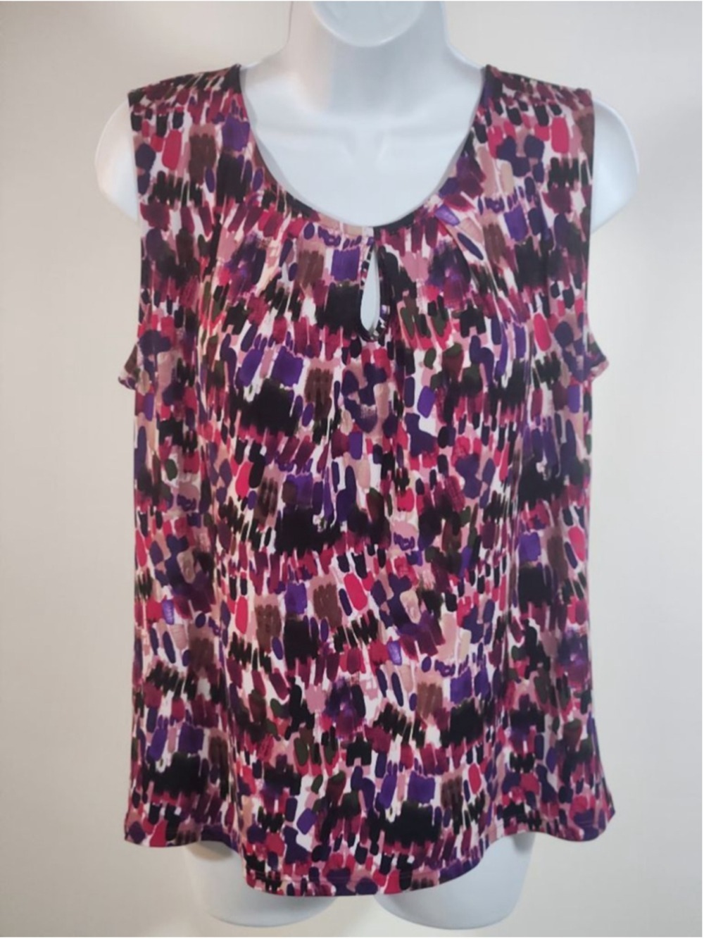 Kasper Womens Sleeveless Blouse Petite L Purple Pink Abstract Print Keyhole Neck